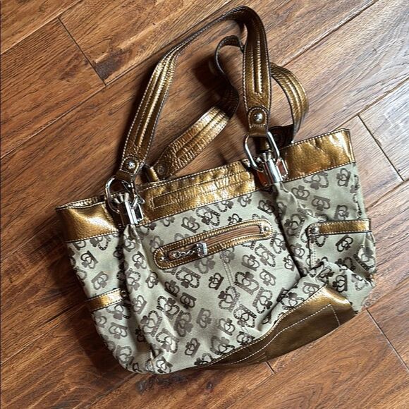 Kathy Van Zeeland Gold and Brown Shoulder Bag with Leather Straps - Picture 1 of 10